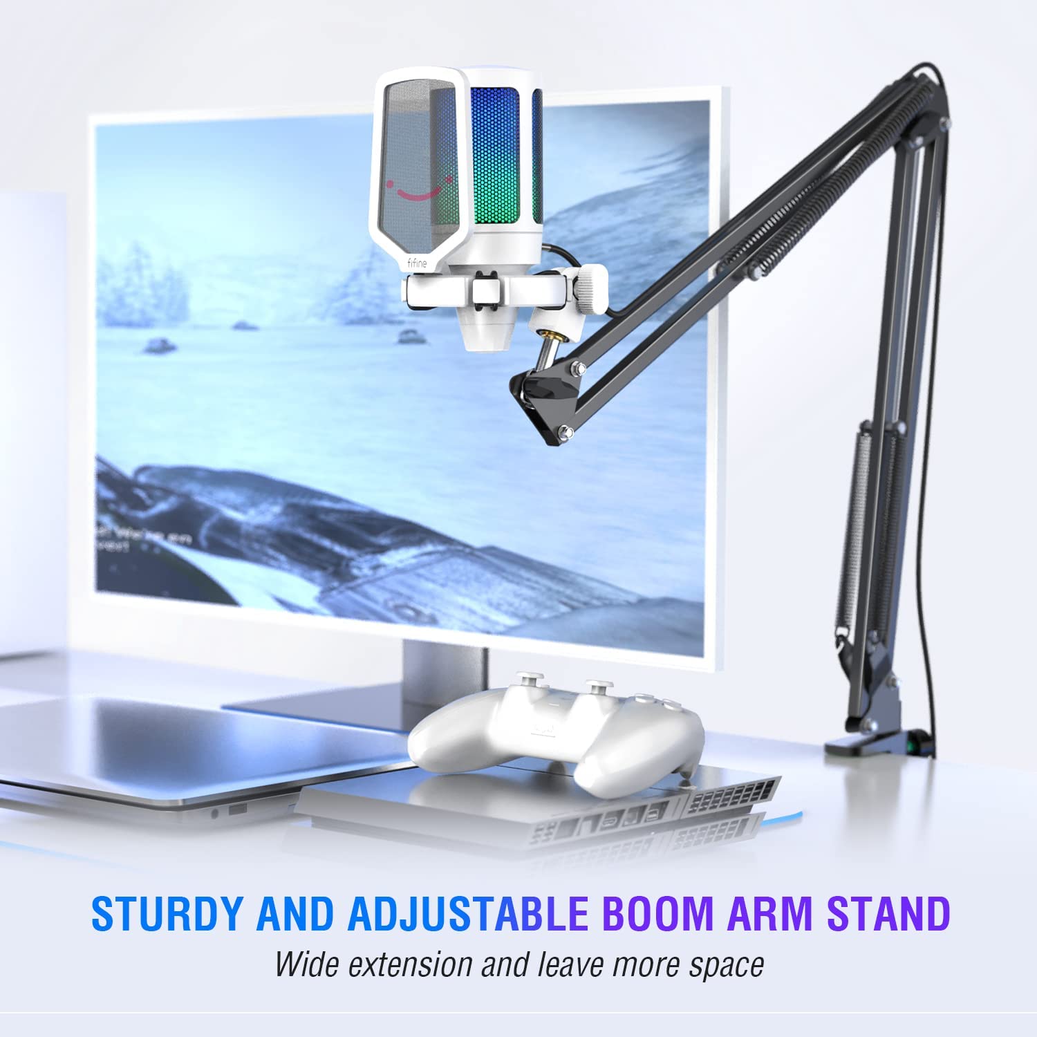 FIFINE AmpliGame USB Microphone with A Volume Dial, A Mute Button And A RGB Body for Streaming on PC/Laptop/PS Console