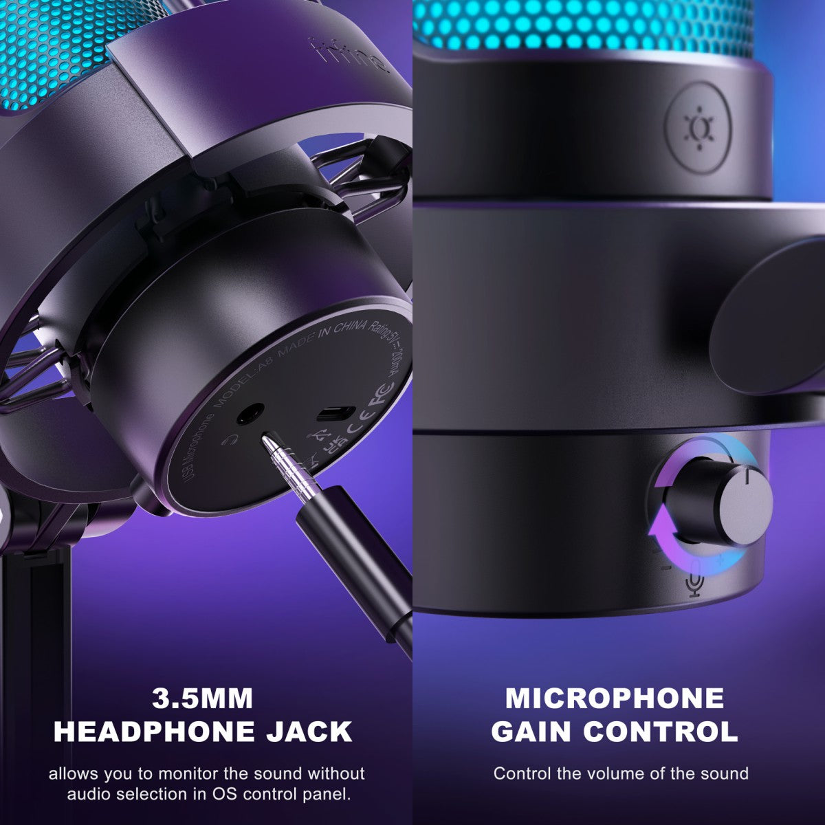 AmpliGame A8 USB Streaming Microphone with RGB, Lighting Control, Mute Button, Gain Dial, Live-time Headphone Jack