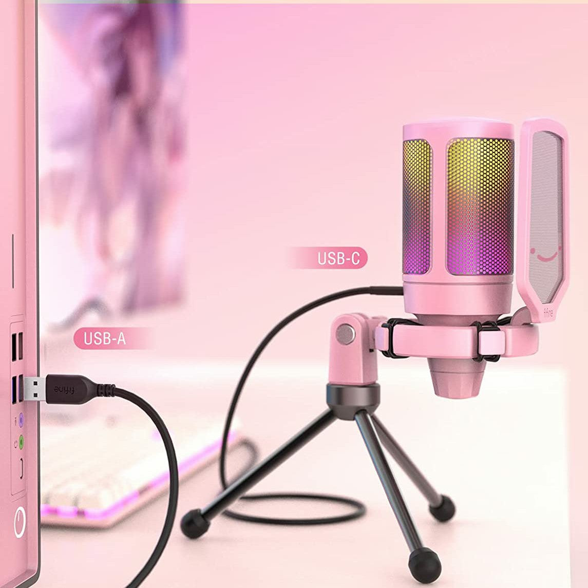 FIFINE AmpliGame USB Microphone with A Volume Dial, A Mute Button And A RGB Body for Streaming on PC/Laptop/PS Console